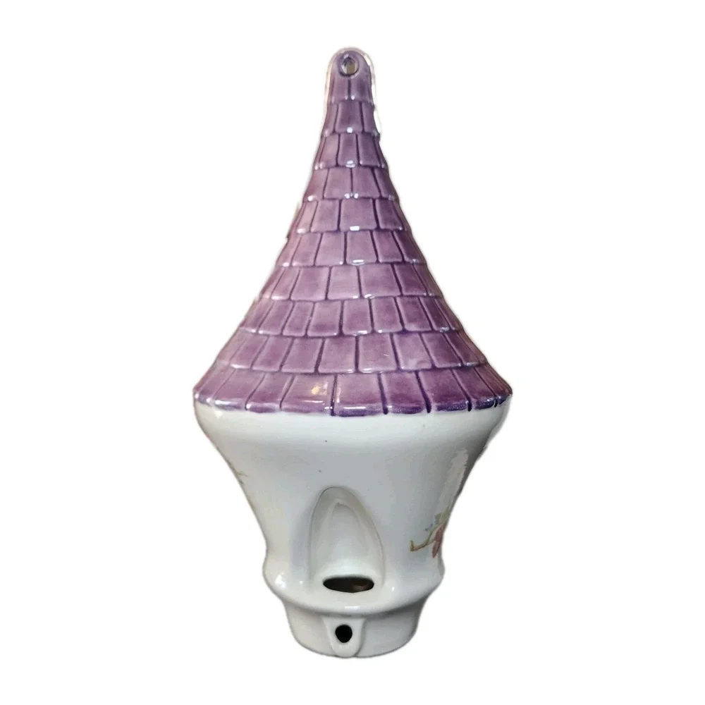 Vintage Ceramic Garden Bird Feeder Whimsical Cottage Purple Turret Roof Rare